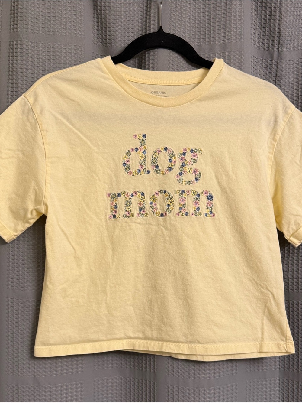 Organic Collective Pastel Yellow Embroidered Floral "Dog Mom" Crop Top Size S